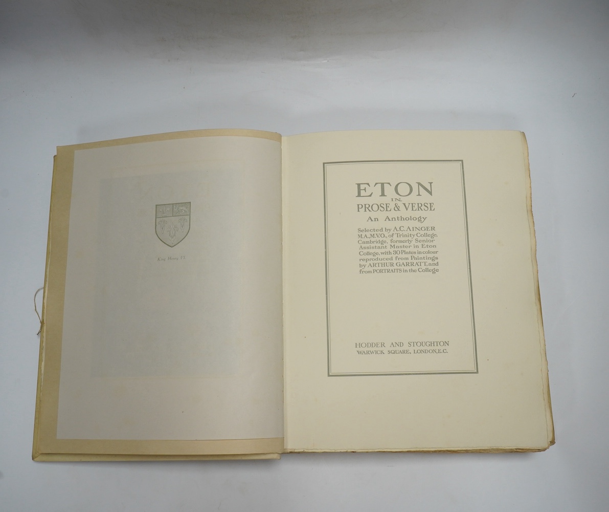 Gray, Thomas - Poems, with 4 black and white plates, contemporary gilt-decorated calf bound by Spottiswoode & Co. Ltd, a college prize book, title and portrait frontis badly spotted, Eton College Press, 1902 and Ainger,